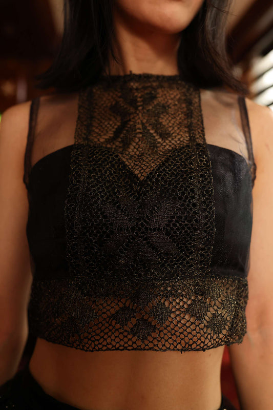 Twilight Lace — Handwoven Metallic Black & Gold Top