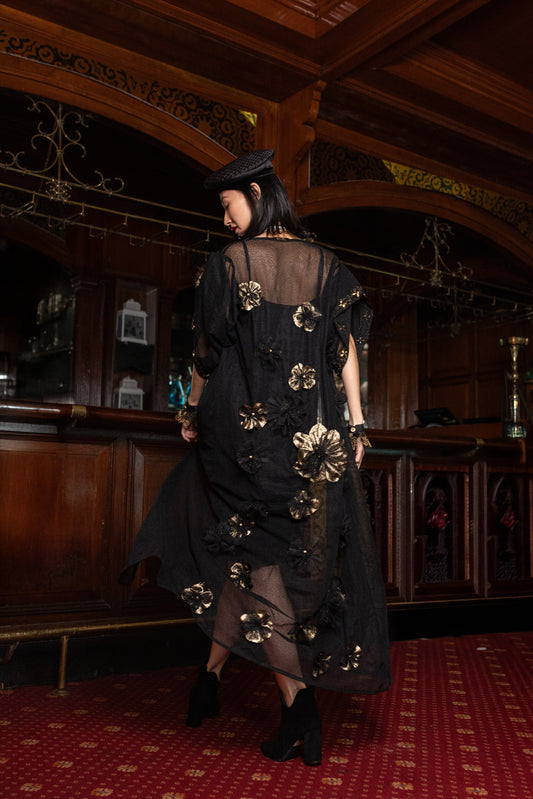 Black Mesh Kimono with Handmade Flowers