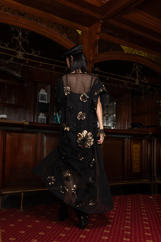 Black Mesh Kimono with Handmade Flowers